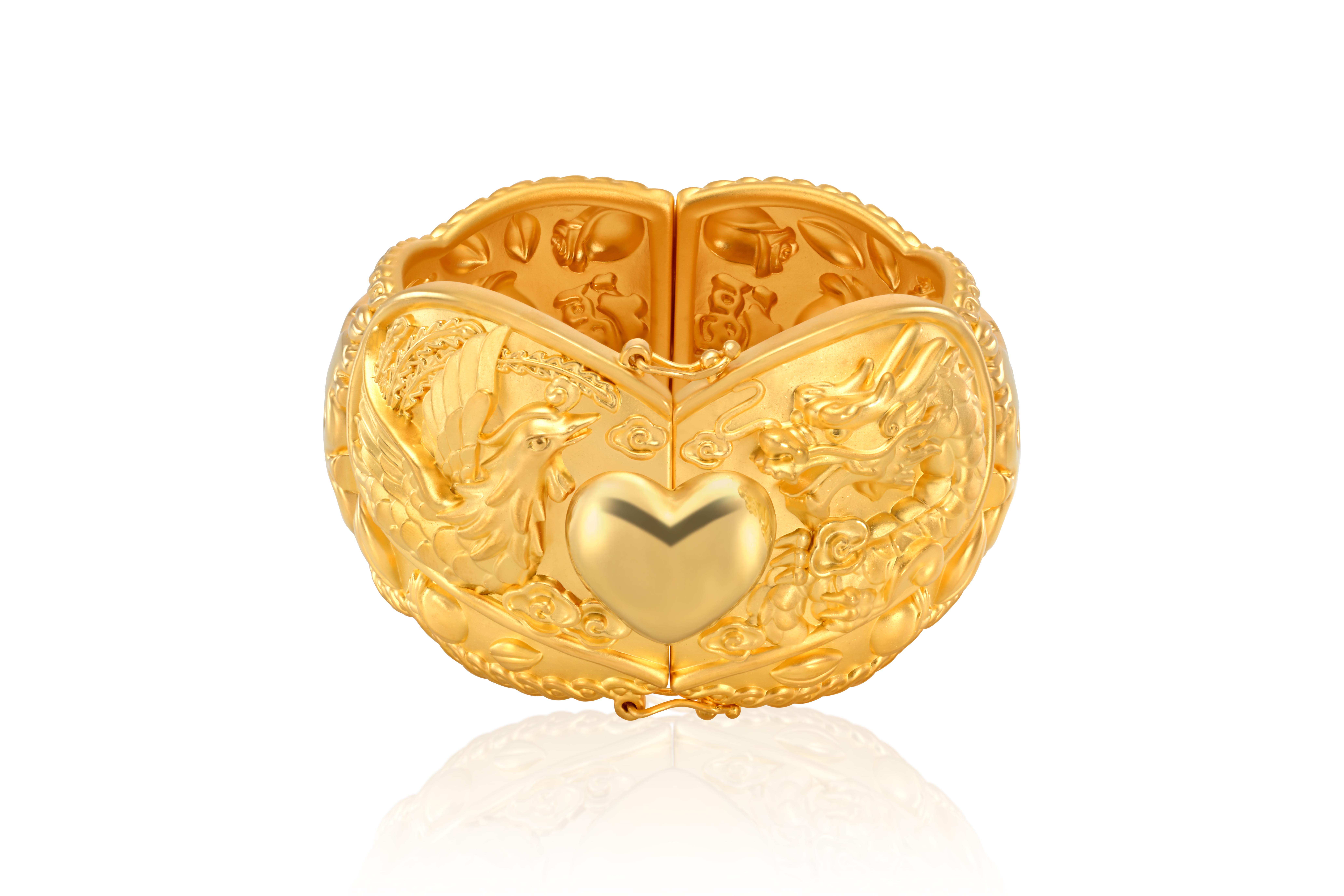 Electroform Fine Gold Concentric Hearts Dragon and Phoenix Bangle